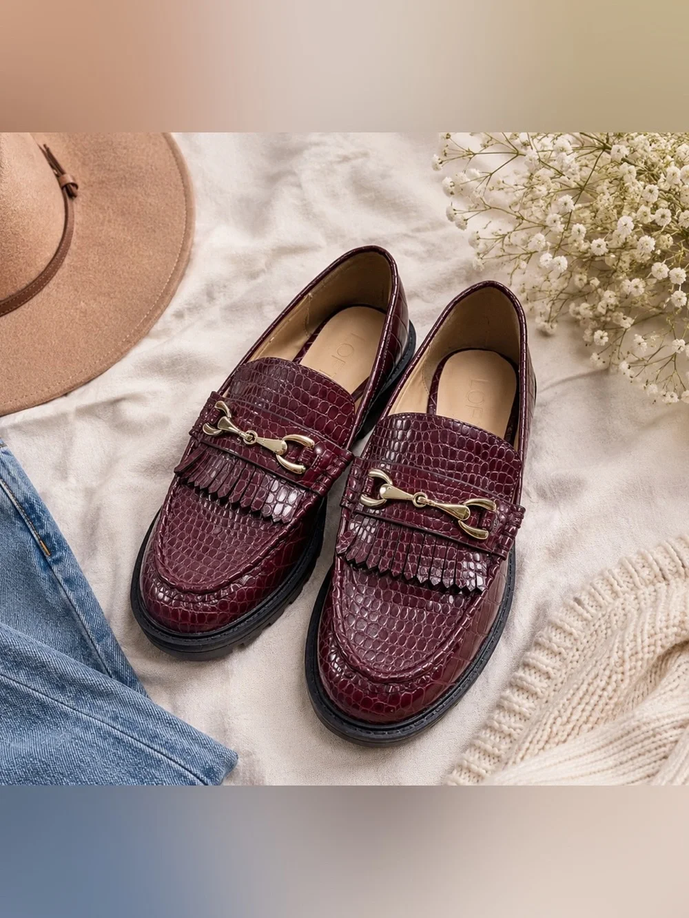 LOFT Women’s Burgundy Croc-Embossed Fringe Loafers with Gold Bit Size 6